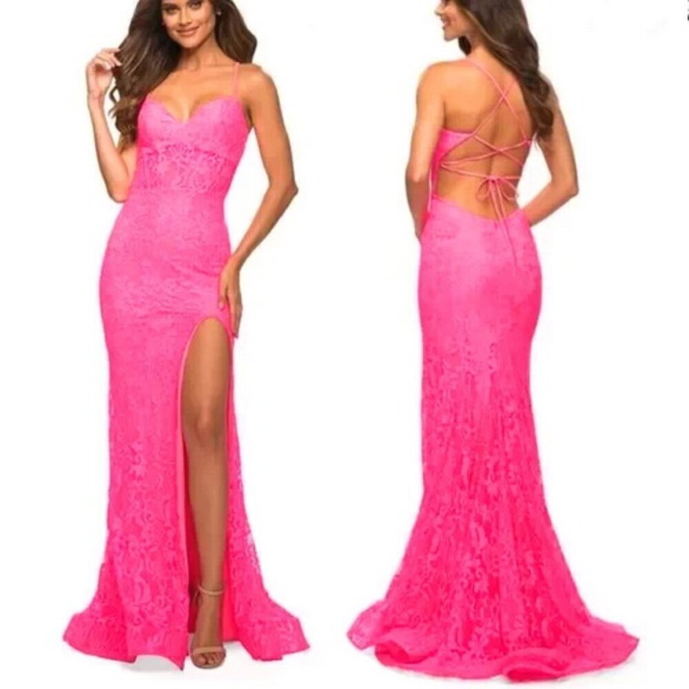 La Femme Hot Pink Sparkle Strappy Back Stretch Lace Gown